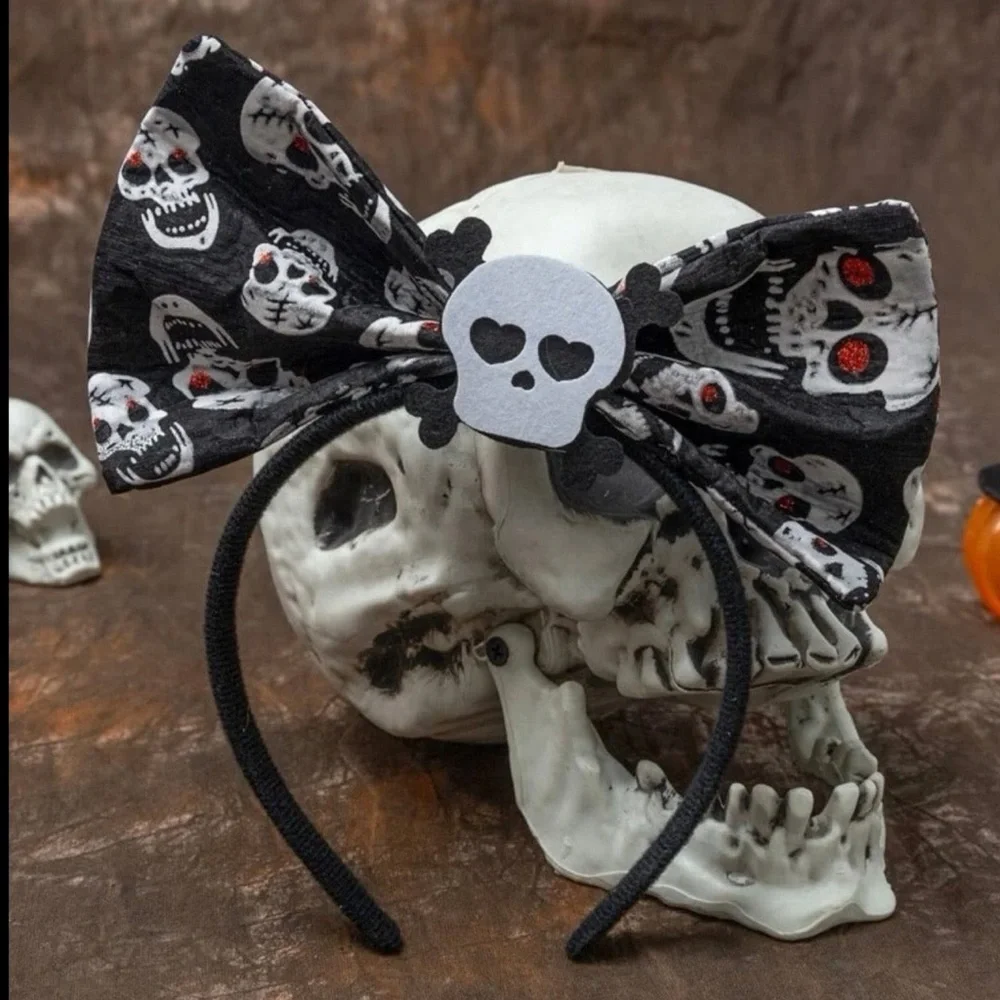 New Halloween Skull Headband - Spooky Handmade Accessory, Sugar Skull, Big Bow